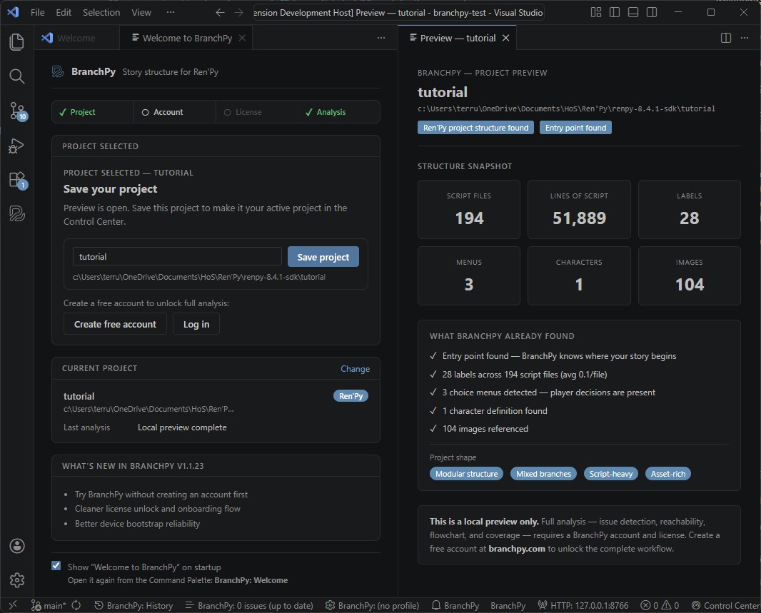 Panneau Welcome to BranchPy après sélection d'un projet — aperçu de structure, Save project et Quoi de neuf
