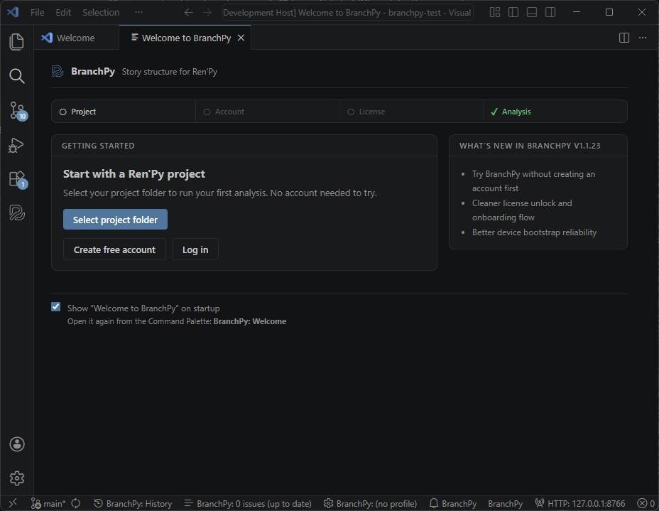 Panneau Welcome to BranchPy au premier lancement — bouton Select project folder, Create free account et Log in
