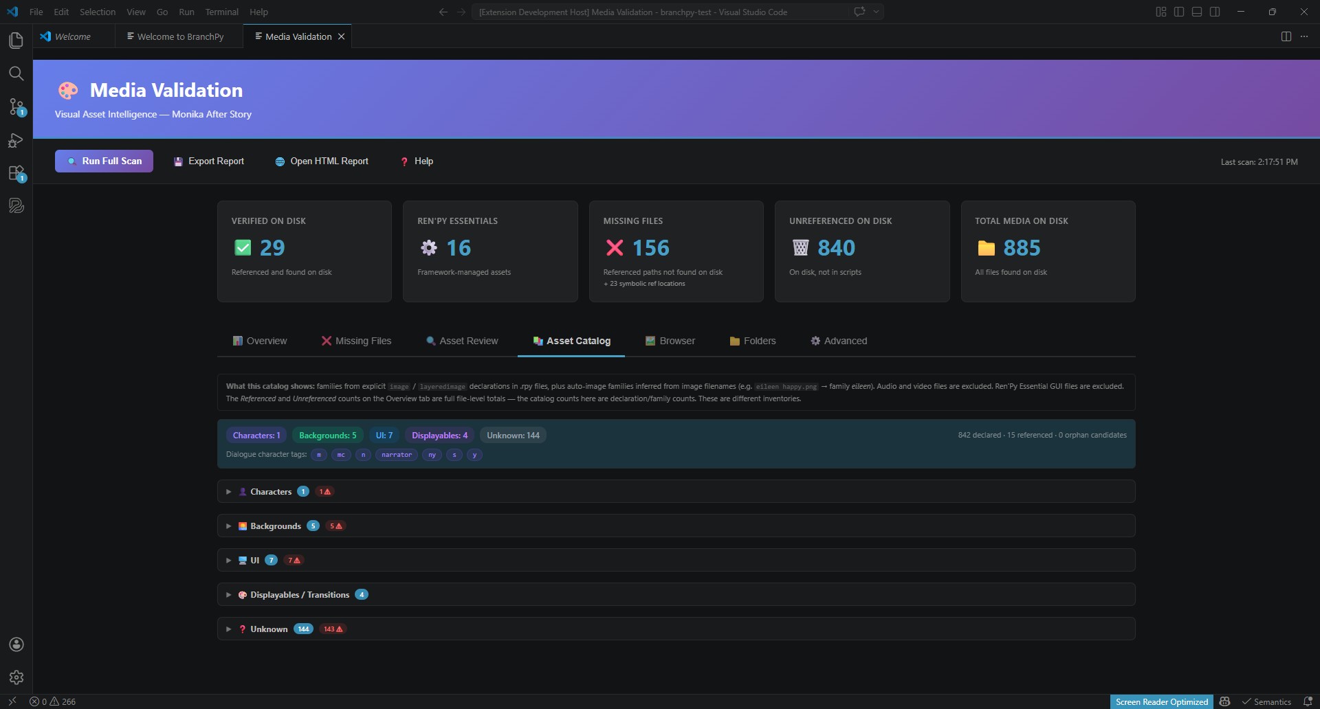 Media Validation Asset Catalog — collapsed groups with count and issue badges