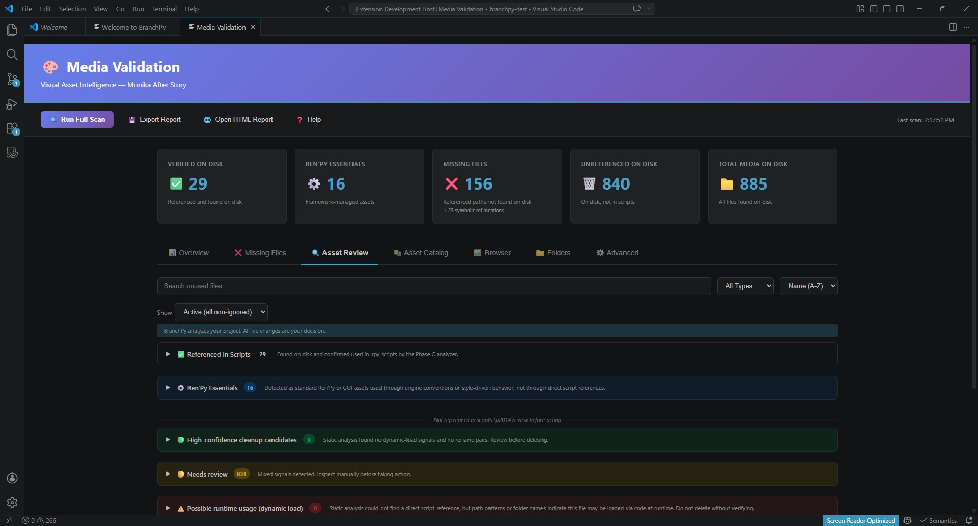 Media Validation Asset Review — condensed tier groups with review decisions