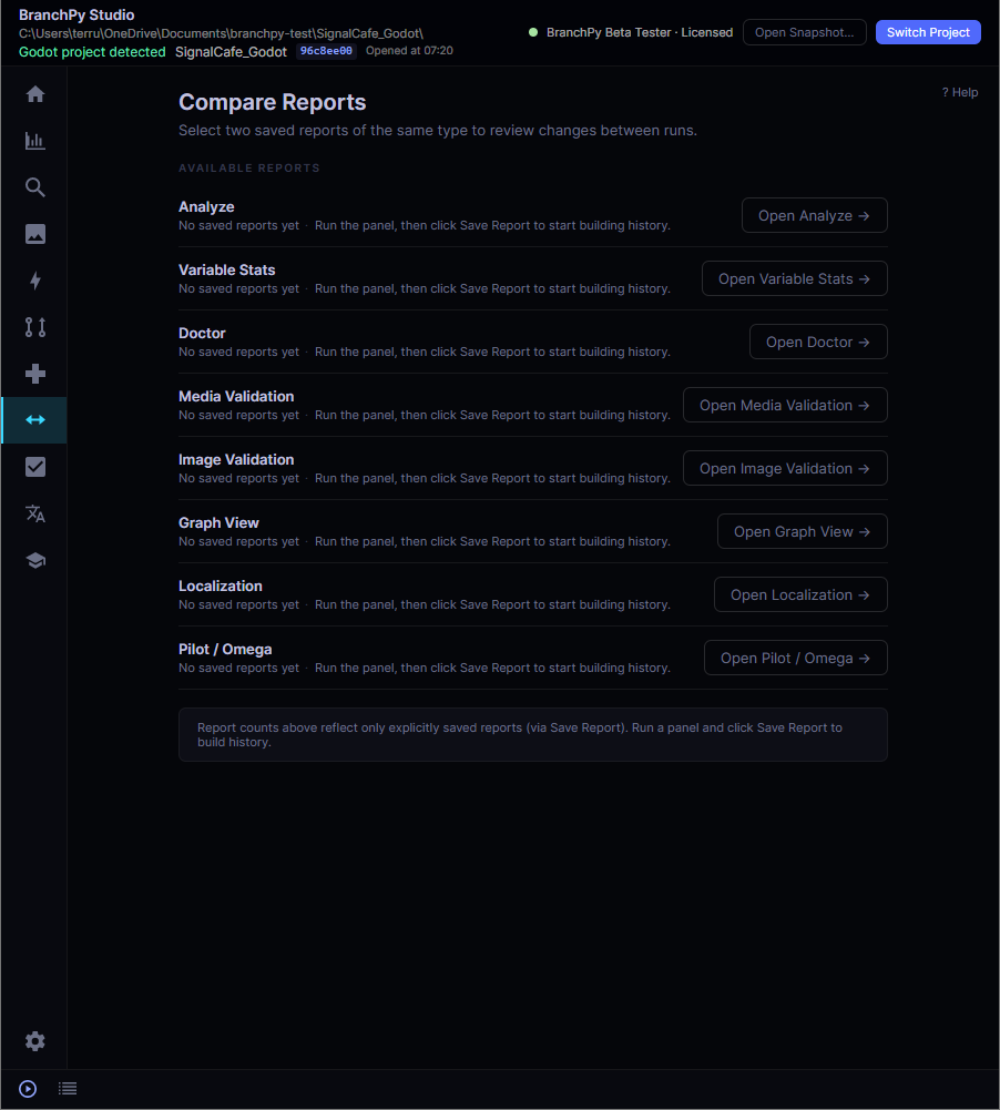 BranchPy Studio — Compare analysis runs over time