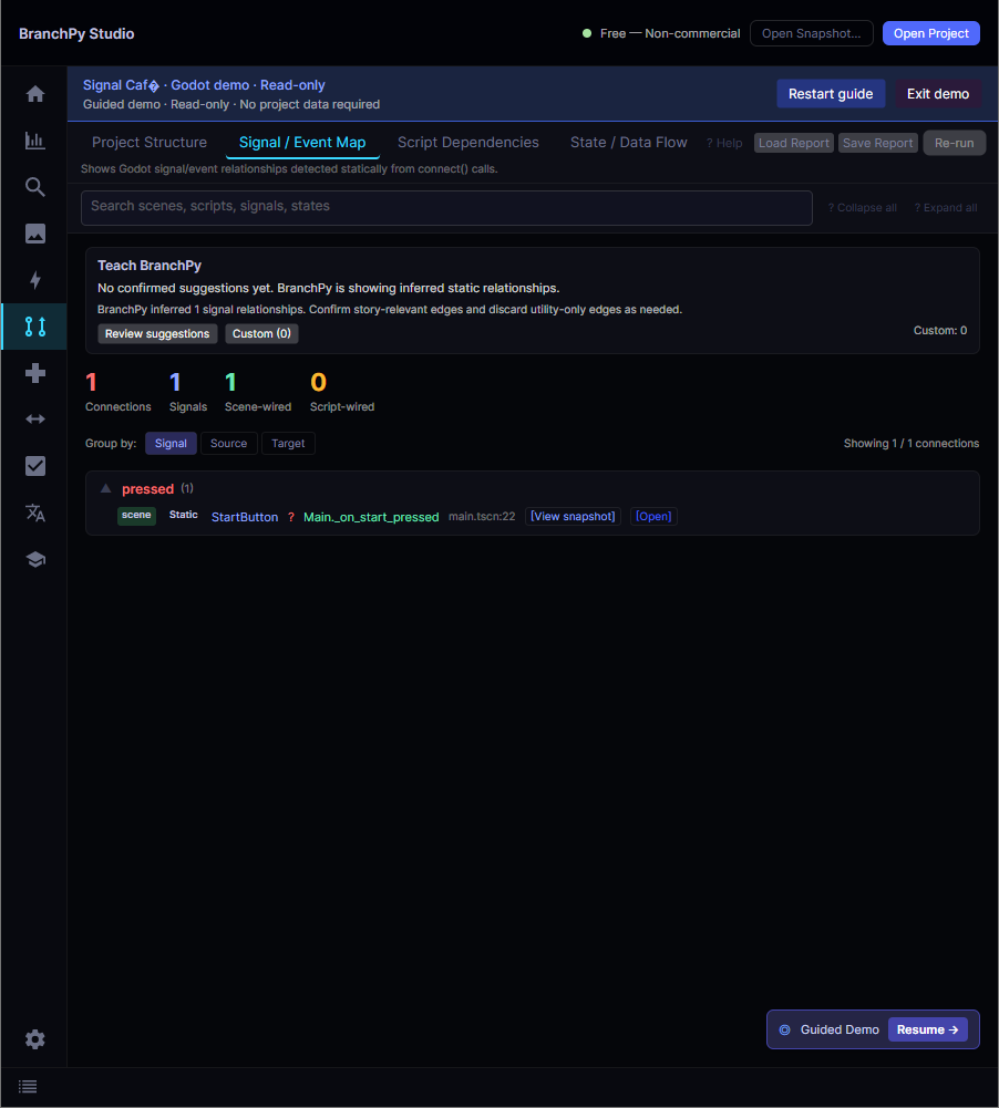 BranchPy Studio — Graph View showing signals and events in a Godot project