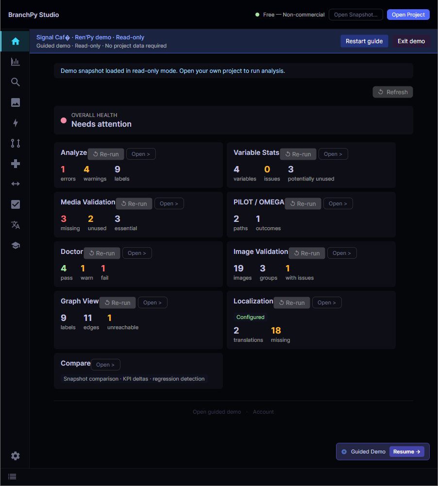 BranchPy Studio — project analysis interface
