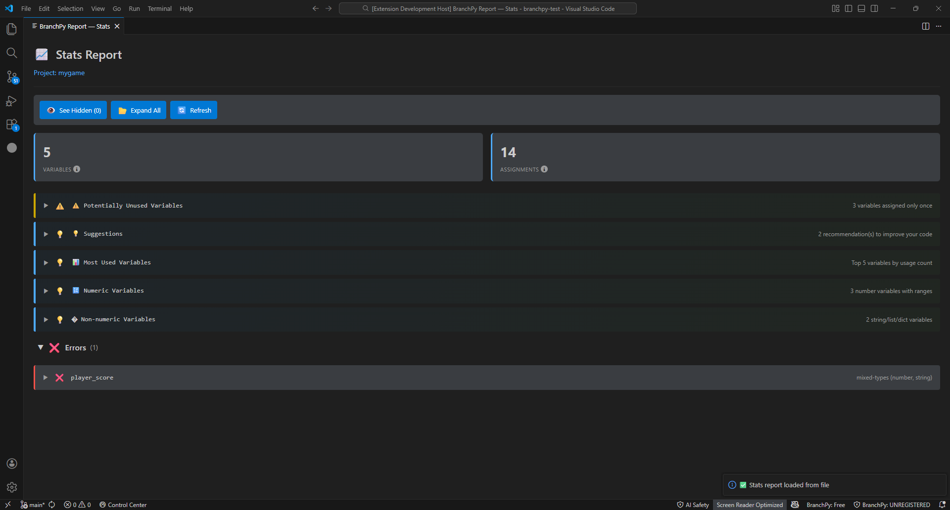 Variable tracking report